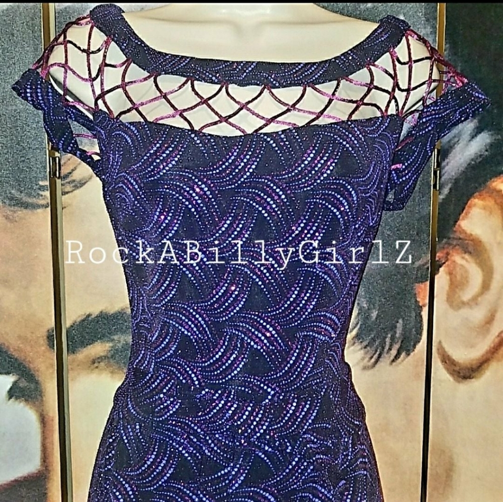 Tempest Storm Seduction Purple Beaded Pencil Gown Caged Neck w Empire Waist Bow - Picture 8 of 13